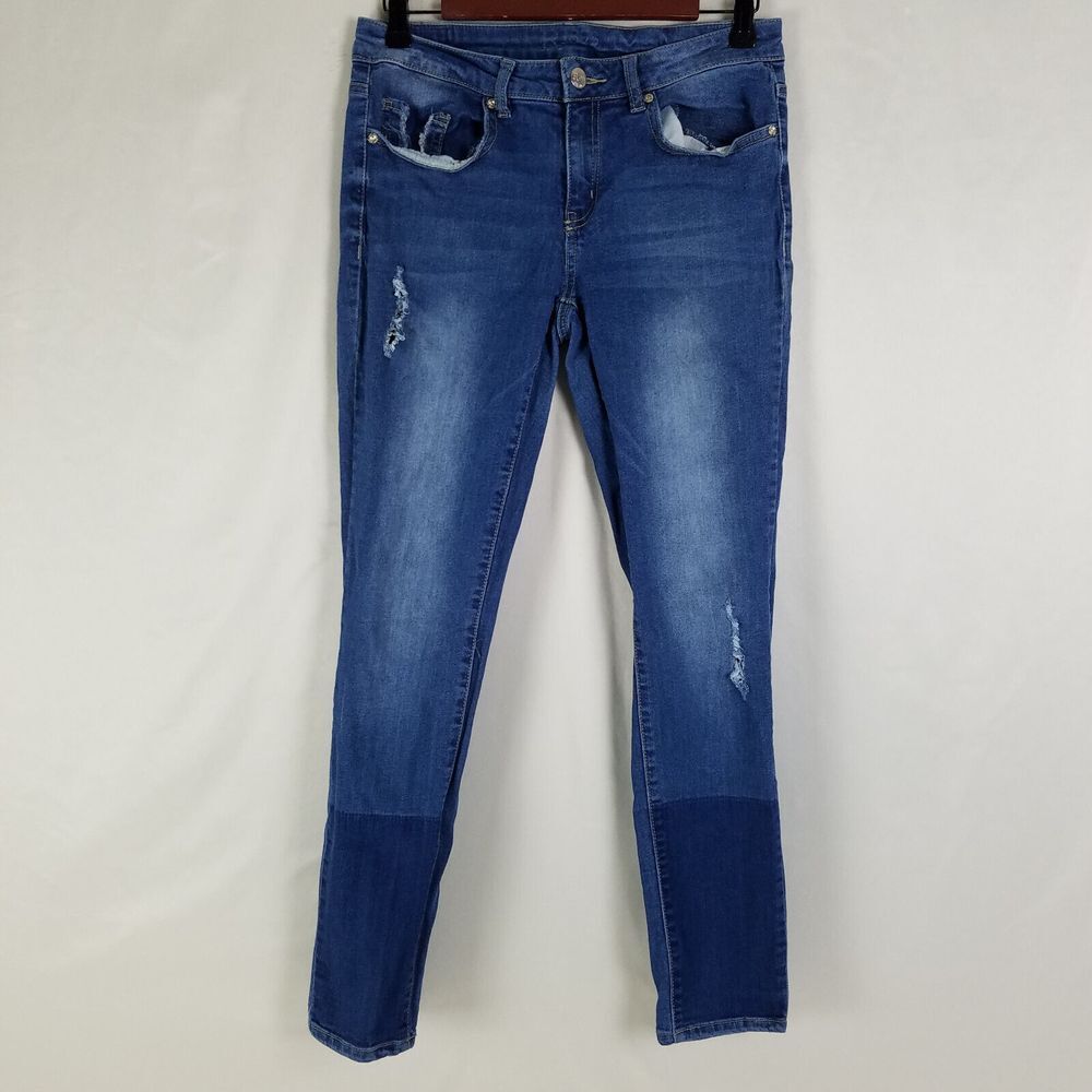 Roebuck Jeans Womens 6 Blue Low Rise Skinny Leg Distressed Medium Wash Denim